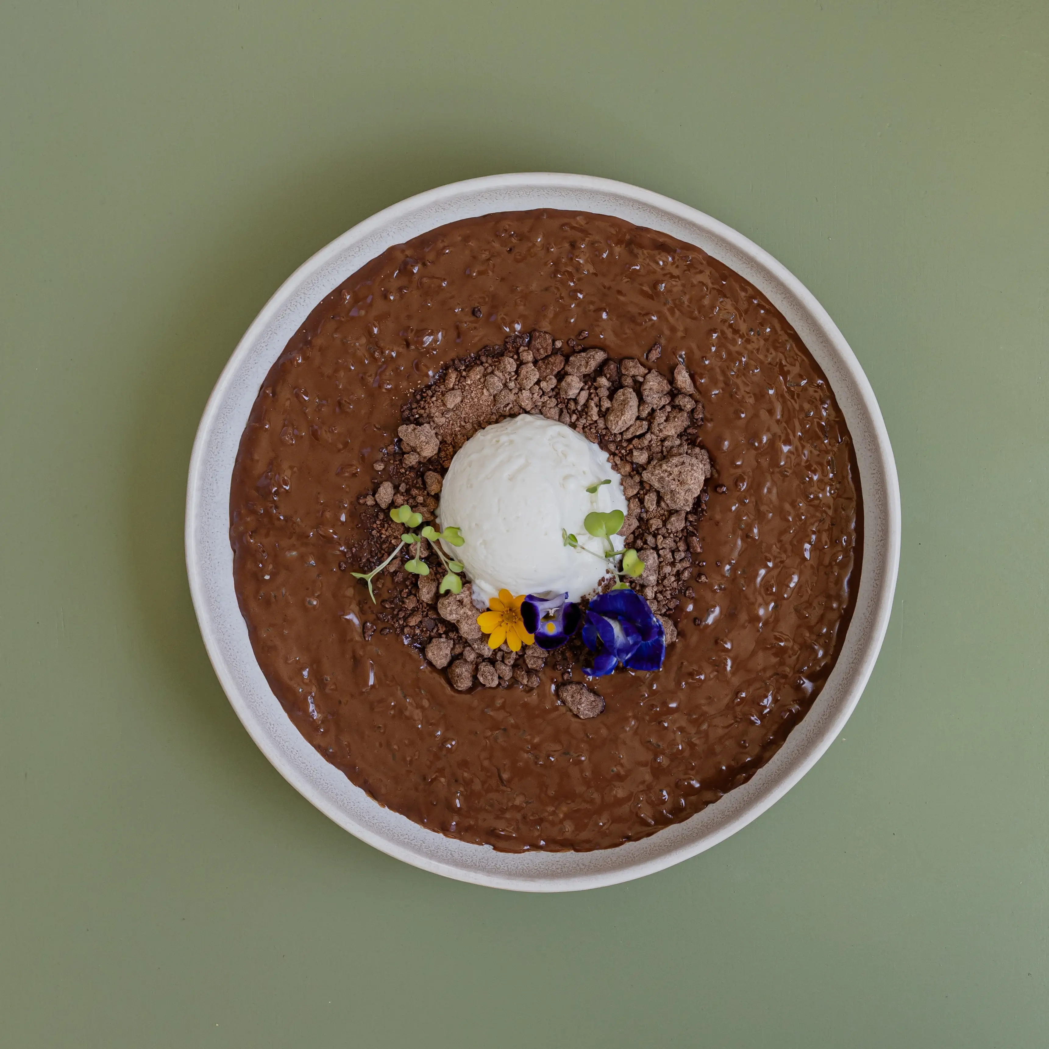 Champorado, 70% dark cocoa, chocolate soil and coconut ice cream